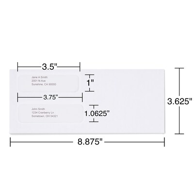 Staples Laser Security Tinted Double Window Envelopes, 3 5/8" x 8 7/8", Wove White, 500/Box (ST394062-CC)