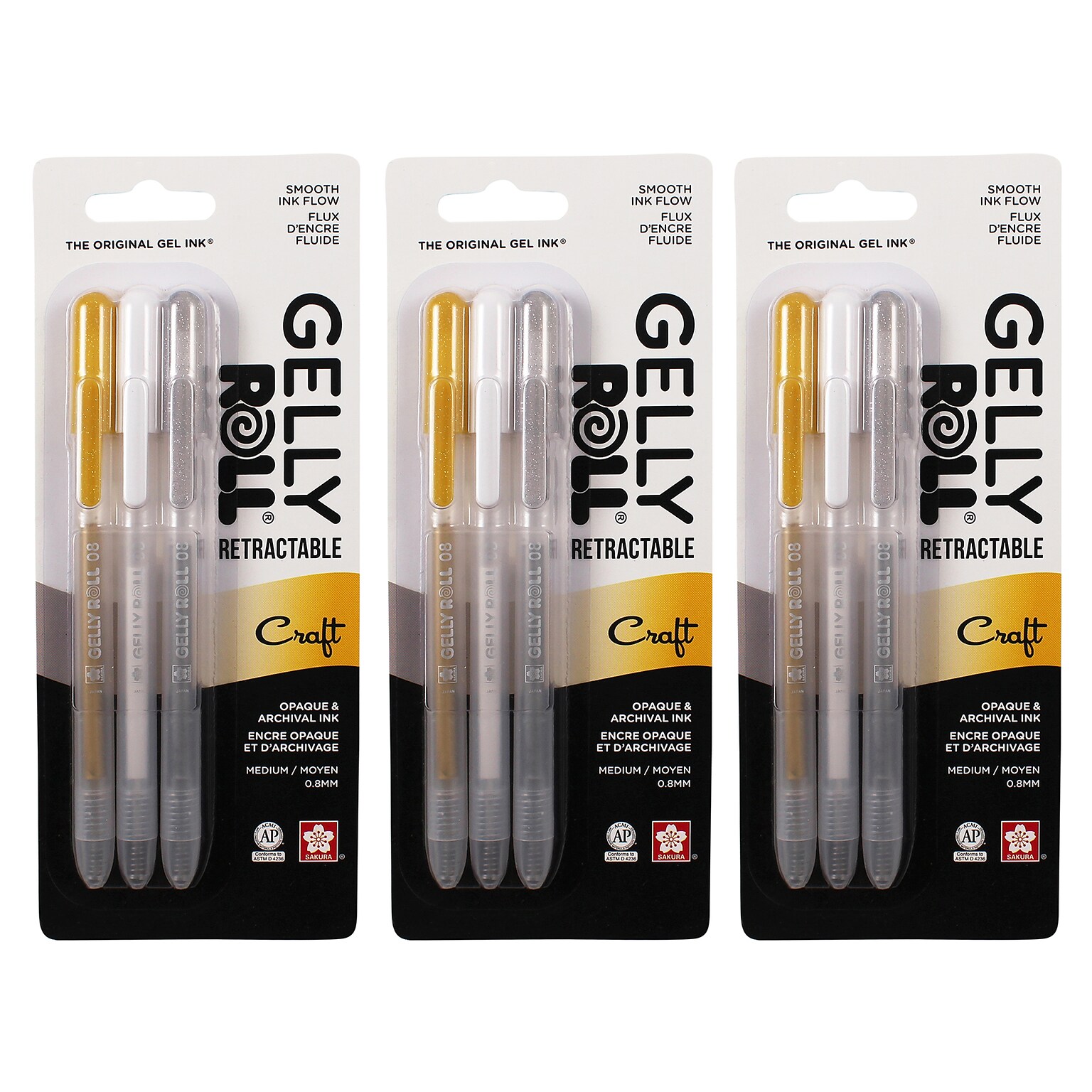 Sakura Craft Retractable Pen, Liquid Ink, Assorted Ink, 3/Bundle (SAK50601-3)