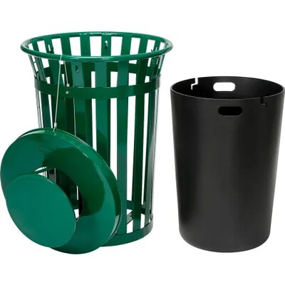 Global Industrial Outdoor Slatted Steel Trash Can w/ Rain Bonnet Lid, 36 Gallon, Green (260804GN)