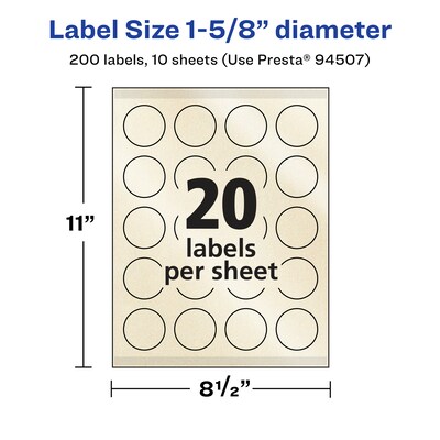 Avery Pearlized Ivory Circle Multipurpose Labels, 1-5/8" Dia., Ivory, 200/Pack (94507)