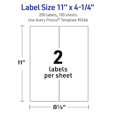 Avery Rectangle Laser Multipurpose Labels, 11" x 4.25", White, 200/Box (19479399387)