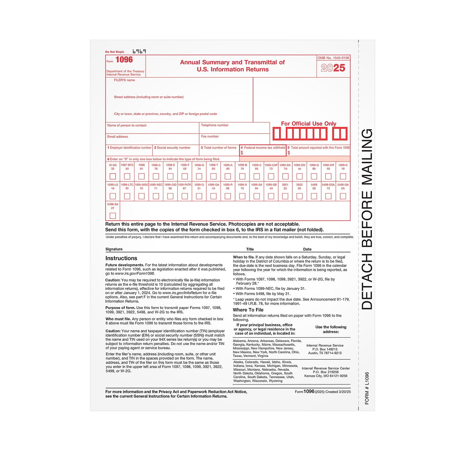 Adams Employees Copies Cut Sheet 2025 1096 Tax Form, 1-Part, 25/Pack (L109625)