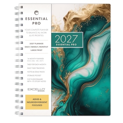 2027 Excello Brands Essential Pro 7 x 9 Weekly & Monthly Planner, Teal Gold Marble (ESPRO-CY27-79-54)