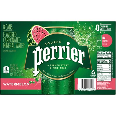 Perrier Carbonated Mineral Water, Watermelon, 330 ml, 8/Pack (12317895)