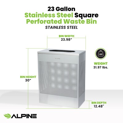 Alpine Industries Stainless Steel Trash Can, 23 Gallon, Silver (ALP438-23-SS-MK)