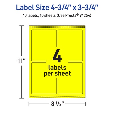 Avery Laser/Inkjet Rectangle Multipurpose Labels, 4.75" x 3.75", Neon Yellow, 40/Pack (94254)
