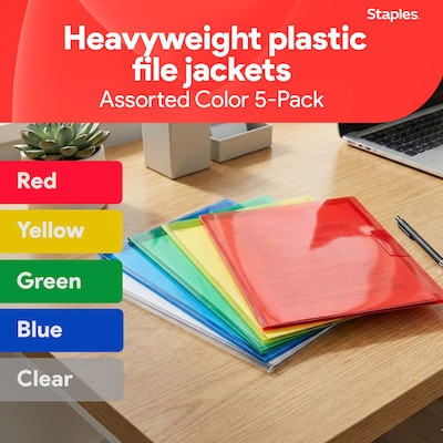 Staples Heavyweight Plastic File Jackets, Letter Size, Assorted Colors, 5/Pack (TR36053)