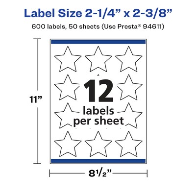 Avery Laser/Inkjet Multipurpose StarLabels, 2.375" Dia, Glossy White, 600/Box (94611)
