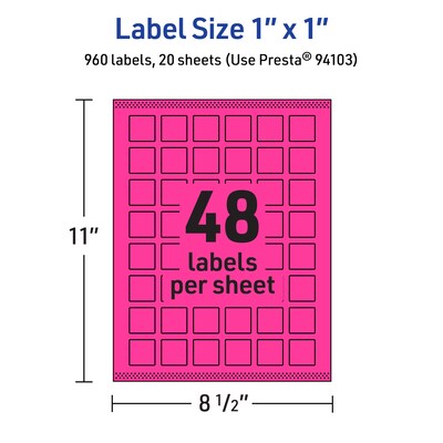 Avery Laser/Inkjet Square Multipurpose Labels, 1" x 1", Neon Magenta, 960/Pack (94103)
