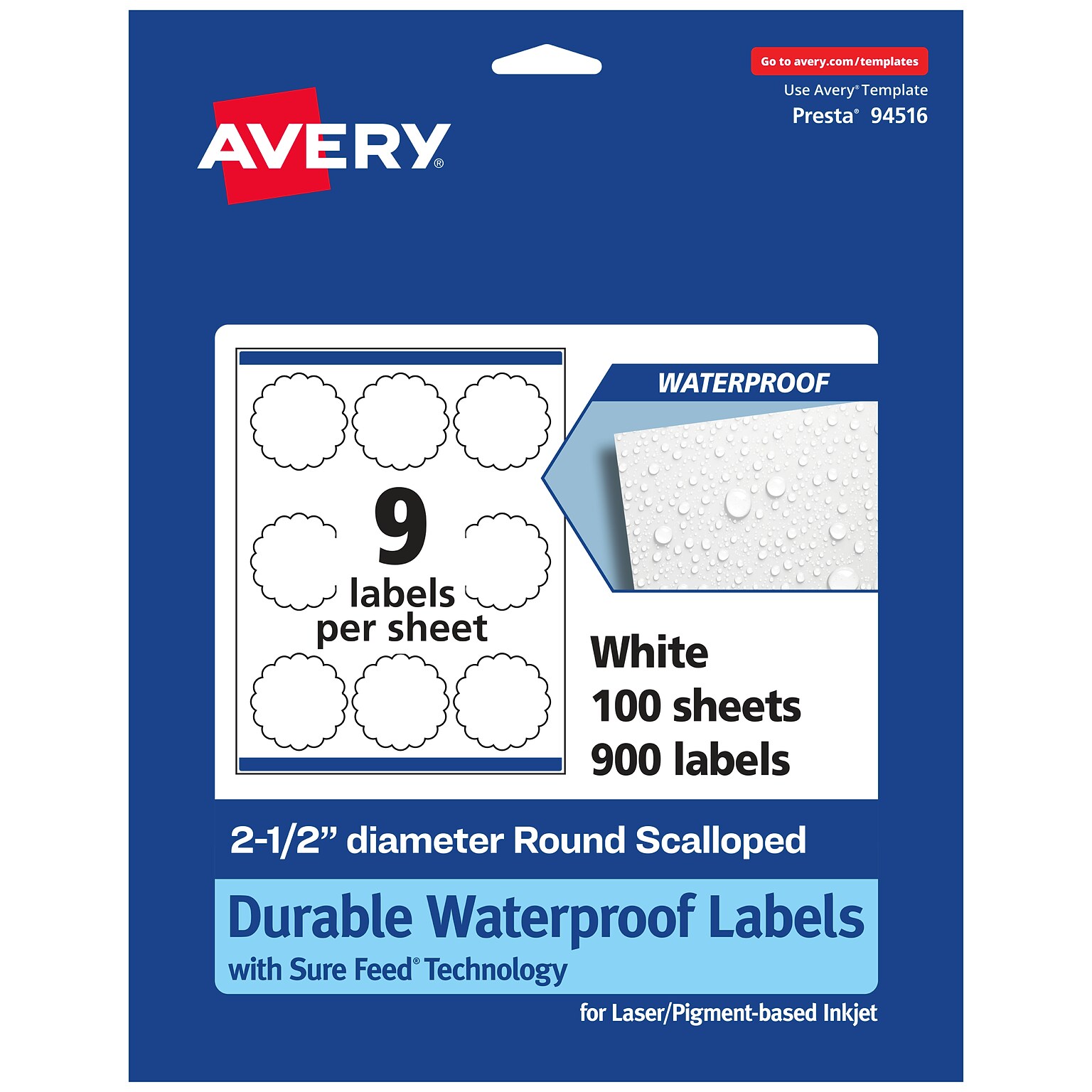 Avery Laser/Inkjet Decorative Edge Waterproof Multipurpose Labels, 2.5  x 2.5, White, 900/Box (94516)