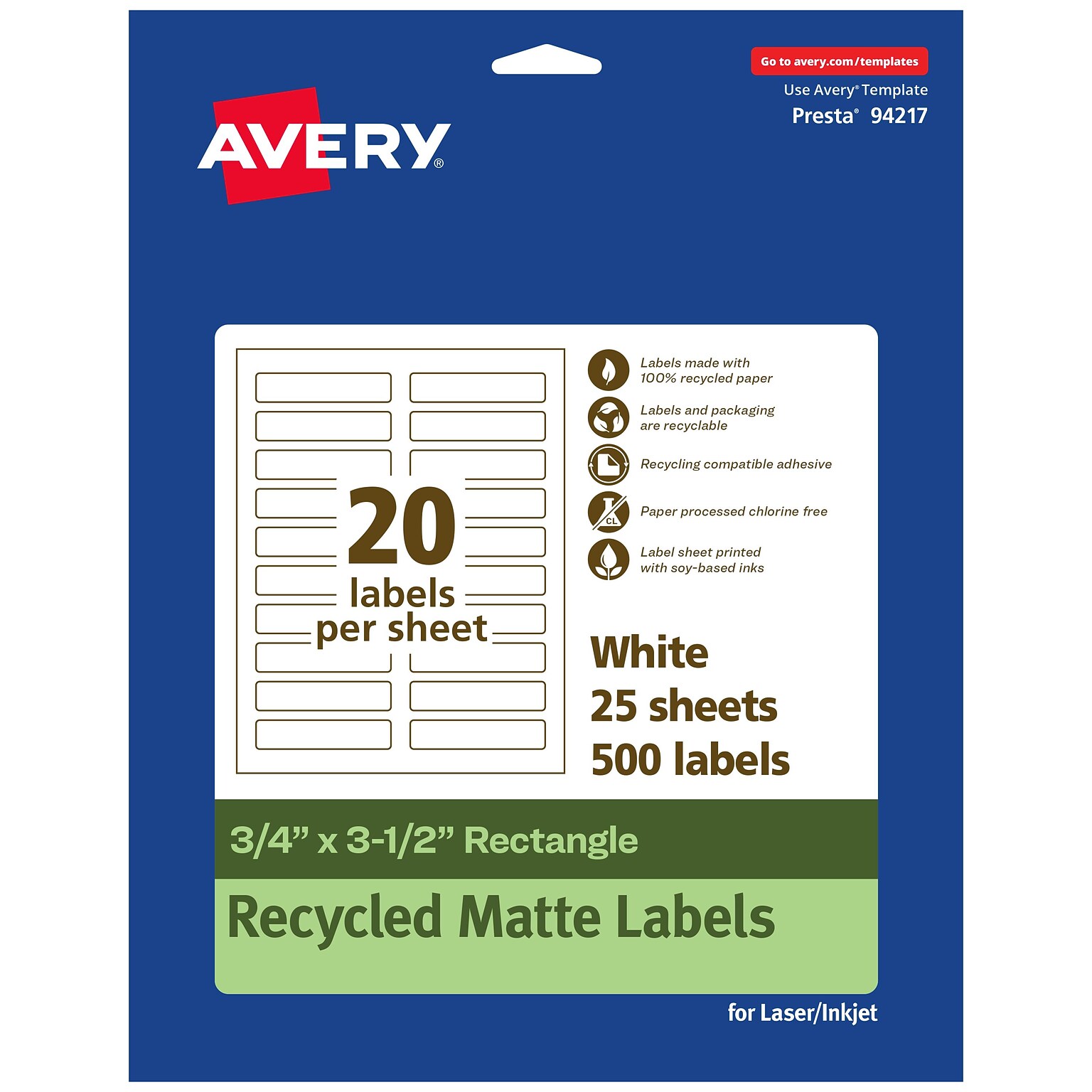 Avery EcoFriendly Laser/Inkjet Rectangle Multipurpose Labels, 3/4 x 3-1/2, White, 500/Pack (94217)