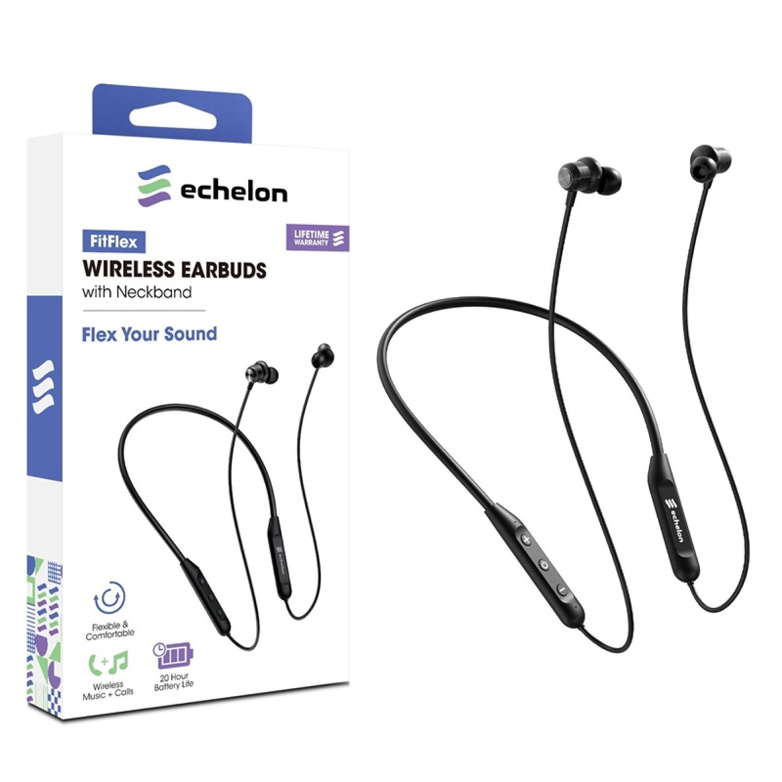 Neckband Wireless Earbuds 10 mm Drivers 20 Hour Playtime IPX5 Sweat-Resistant Black