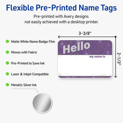 Avery Adhesive Name Tags, Pre-printed Purple & Silver Hello Design