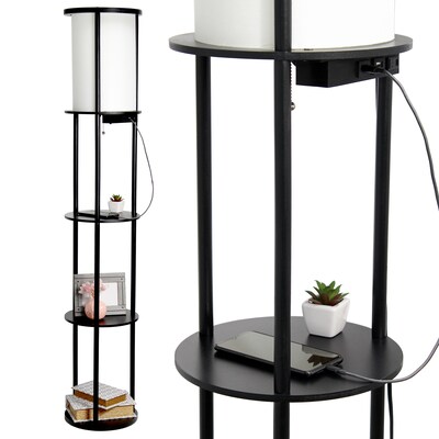 Simple Designs Etagere Organizer Storage 62.5" Floor Lamp with 2 USB Charging Ports and 1 Charging Outlet, Black (LF2010-BLK)