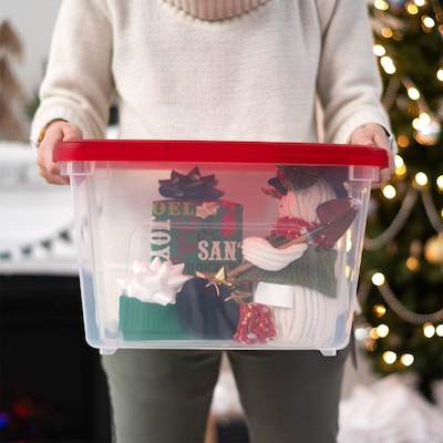 Iris Holiday Small Stackable Plastic Storage Box, 9.5" x 12" x 15", 19 Qt., Clear/Red, 4/Pack (500533)