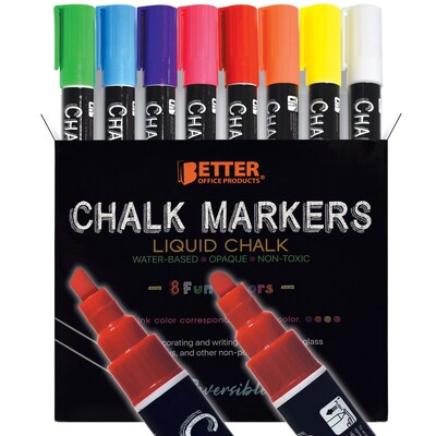 Better Office Products Liquid Chalk Markers, Water-Based, Reversible Tip (Chisel/Bullet), Assorted C, White | Quill
