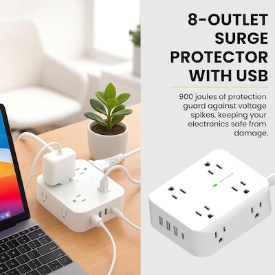 Power by GoGreen 8-Outlet 4-USB Port Surge Protector, 3', 900 Joules, White (GG-833A1C)