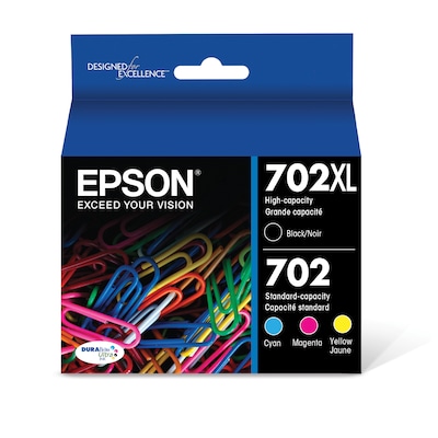Epson T702XL/T702 Black High Yield and Cyan/Magenta/Yellow Standard Yield Ink Cartridge, 4/Pack   (T