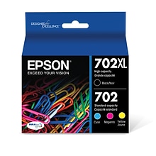 Epson T702XL/T702 Black High Yield and Cyan/Magenta/Yellow Standard Yield Ink Cartridge, 4/Pack   (T