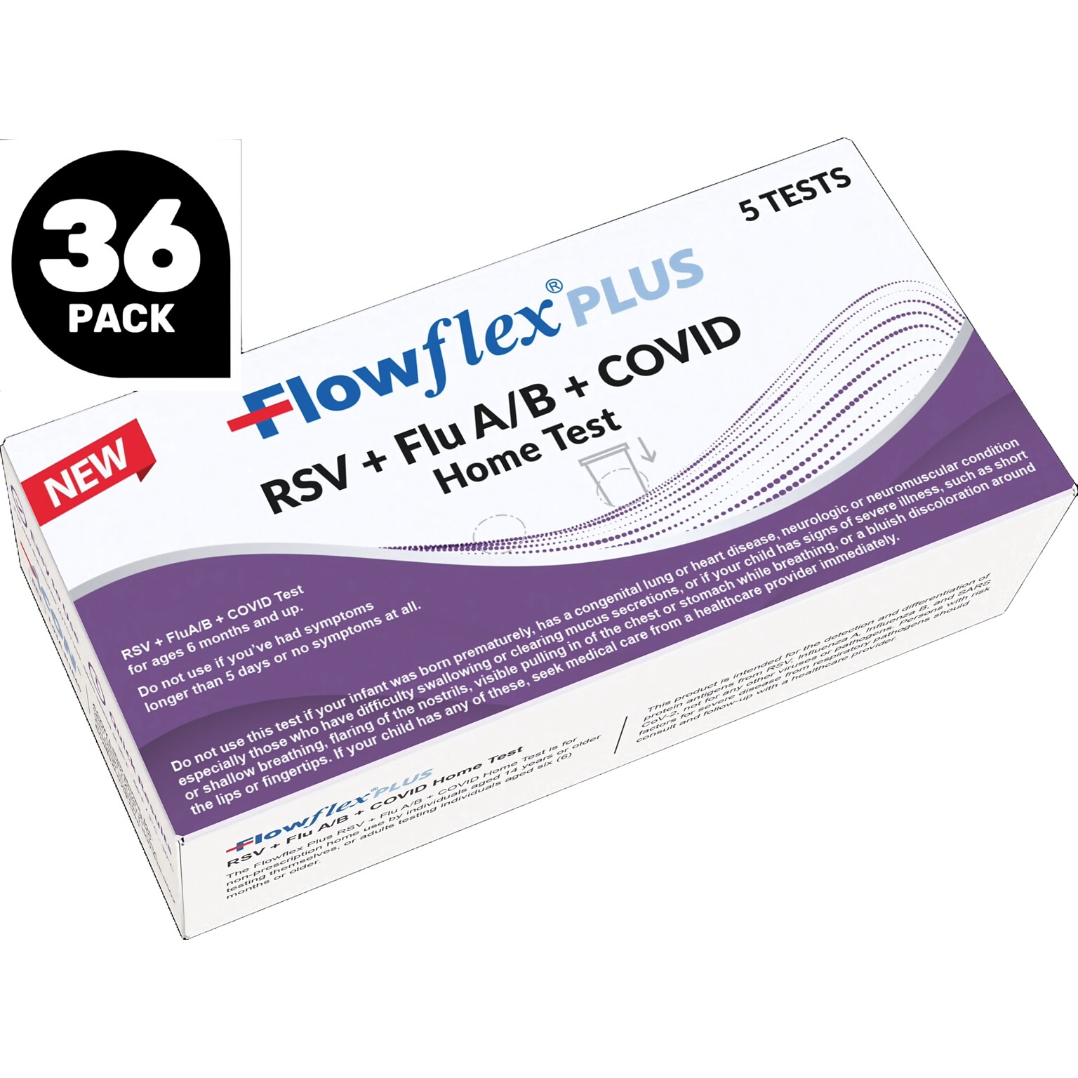 Flowflex Plus 4 in 1 RSV + Flu A/B + Covid Test, 36-Packs of 5 Kit/Test (180 Kit/Test Total)