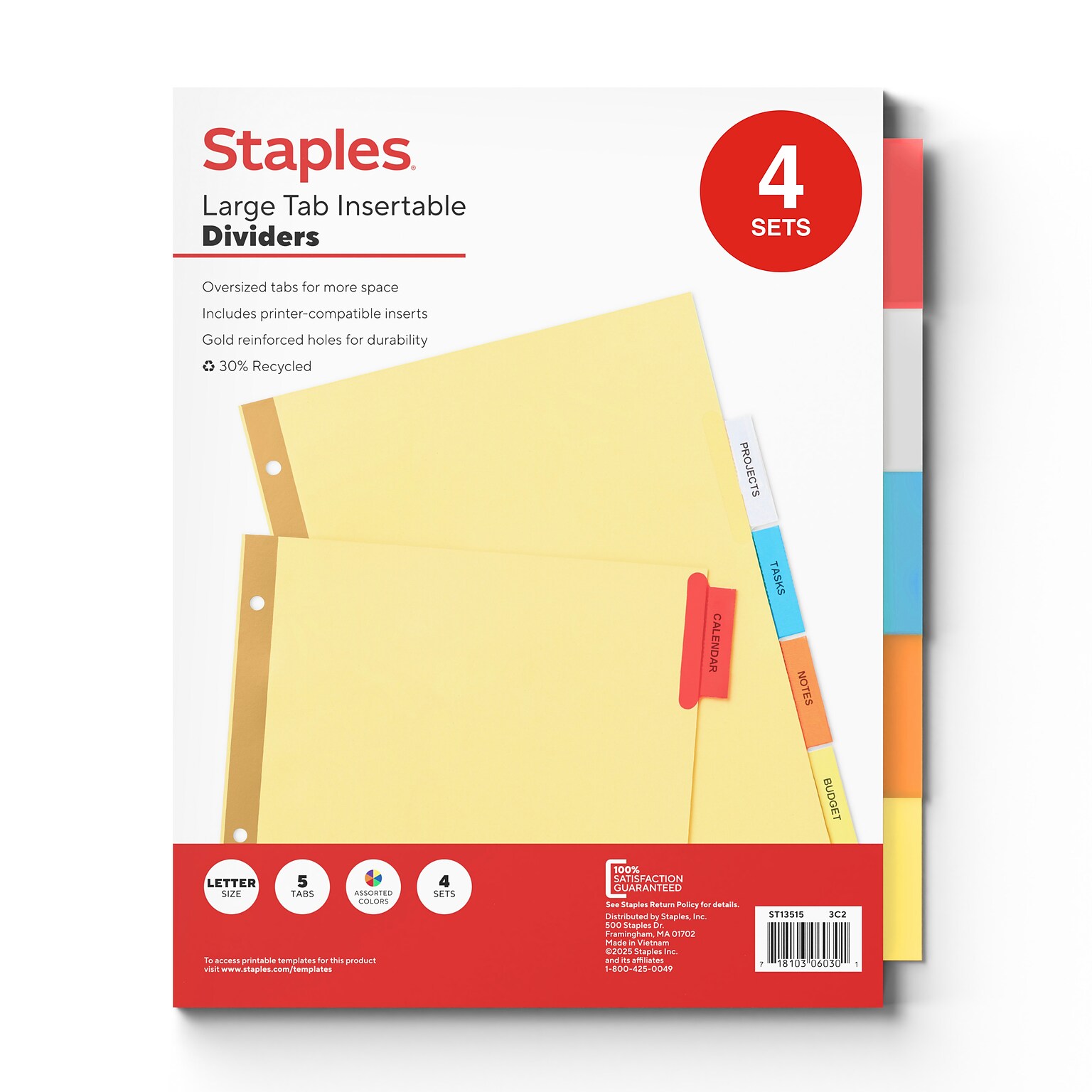 Staples Large Tab Insertable Paper Dividers, Assorted Colors, 5-Tabs, 4 Sets (13515/14481)