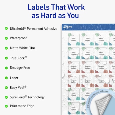 Avery Waterproof Square Laser Multipurpose Labels, 1 x 1, White, 2400/Box (19479399470)