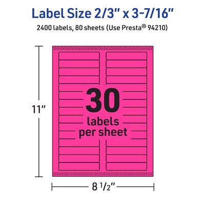 Avery Laser/Inkjet Rectangle Multipurpose Labels, 2/3" x 3-7/16", Neon Magenta, 2400/Box (94210)