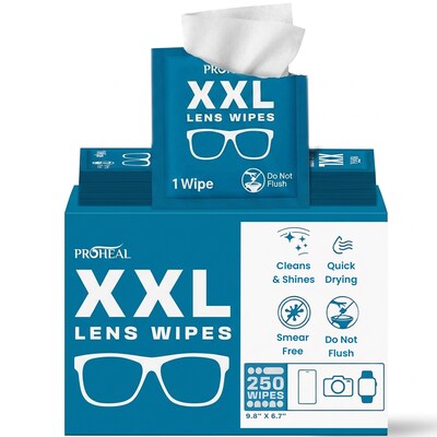 ProHeal XXL Lens Wipes, 9.8 x 6.7 Eye Glasses Cleaner Wipes for Lenses & Display Screens, 250 Count (PH-16004H)