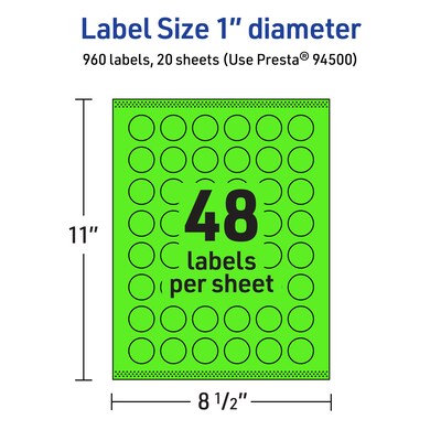 Avery Laser/Inkjet Multipurpose Circle Labels, 1" Dia., Neon Green, 960/Pack (94500)