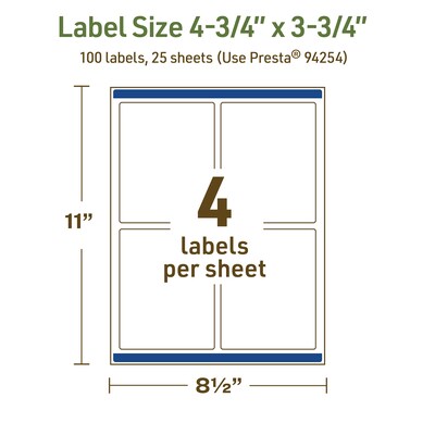 Avery Dissolvable Rectangle Multipurpose Labels, 4.75" x 3.75", Off-white, 100/Pack (94254)