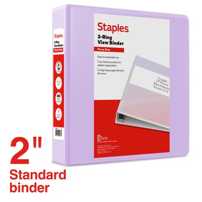 Staples Heavy Duty 2 3-Ring View Binder, D-Ring, Light Purple (ST63093)