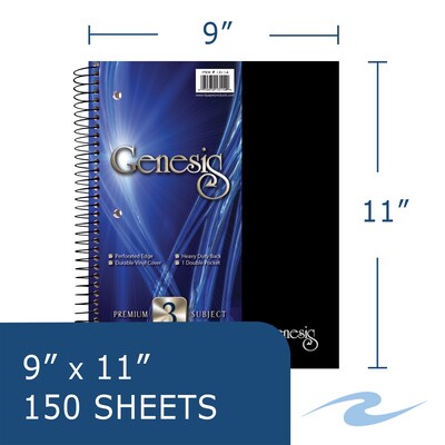 Roaring Spring Genesis 3-Subject Notebook, 9" x 11", College Ruled, 150 Sheets, Assorted Colors, 12 Books/Carton (13114CS)