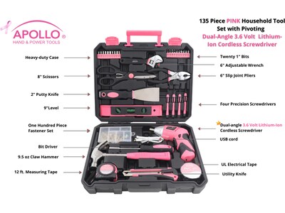 Apollo Tools Household Tool Set, 135-Piece, Pink/Black (DT0774P)