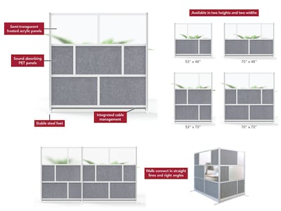 Luxor Modular Room Divider Add-On Wall, 70"H x 70"W, Gray/Frosted PET/Acrylic (MW-7070-XFCG)