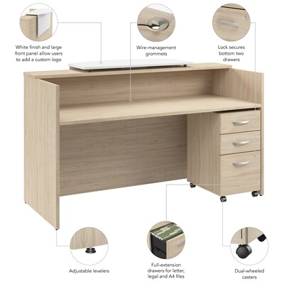 Bush Business Furniture Arrive 72"W Reception Desk with Counter and Mobile File Cabinet, Natural Elm (ARV008NE)