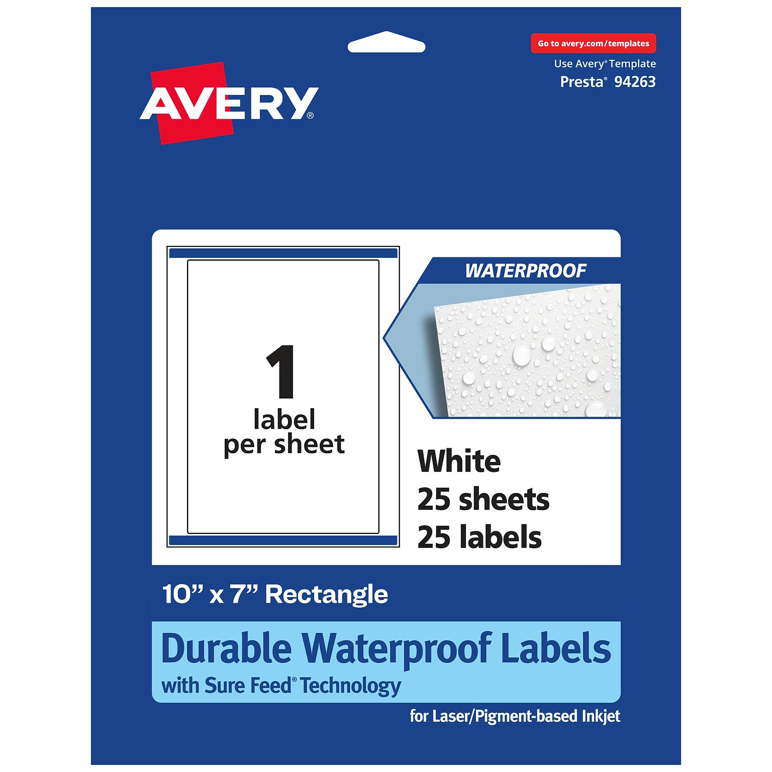 Avery Laser/Inkjet Rectangle Waterproof Multipurpose Labels, 7  x 10, White, 25/Pack (94263)