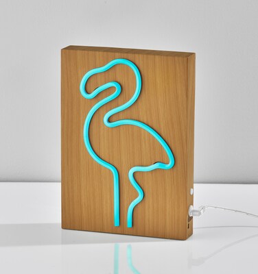 Simplee Adesso LED Wood Framed Neon Flamingo Table/Wall Lamp, 9"H, Brown/Multi-Color (SL3722-12)