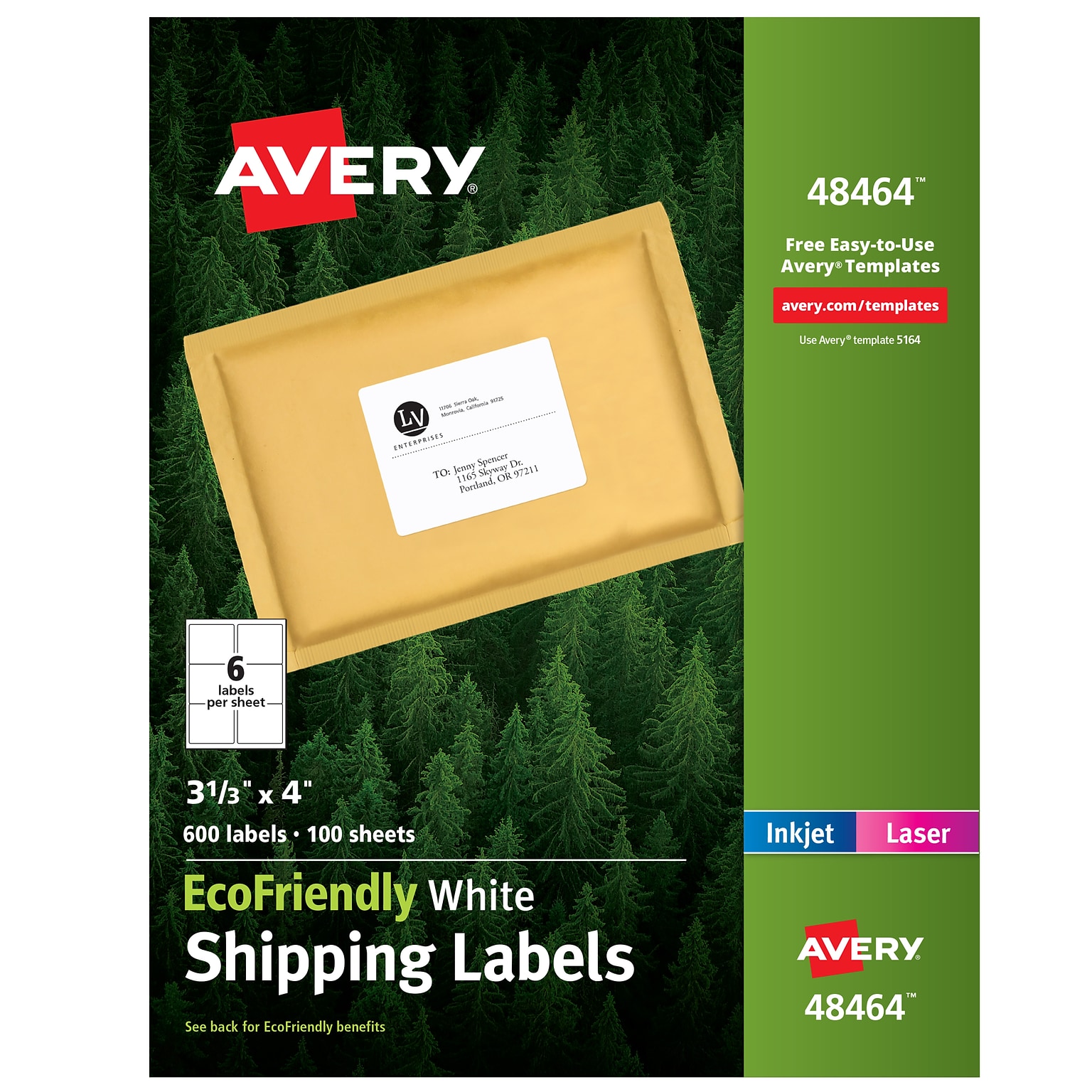 Avery EcoFriendly Laser/Inkjet Shipping Labels, 3-1/3 x 4, White, 6 Labels/Sheet, 100 Sheets/Box (48464)