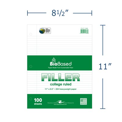 Roaring Spring Paper Products BioBased College Ruled Filler Paper, 8.5 x 11, 3-Hole Punched, 100 Sheets/Pack (13986)