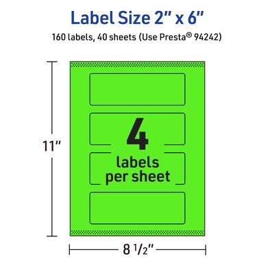 Avery Laser/Inkjet Multipurpose Rectangle Labels, 2" x 6", Neon Green, 160/Pack (94242)