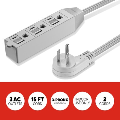 Staples TECH 15 Extension Cord, 3-Outlet, 16 AWG, Gray, 2/Pack (ST62347)