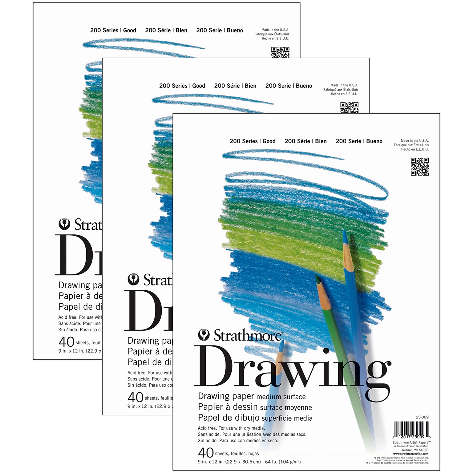 Strathmore 200 Series 9 x 12 Drawing Sketch Pad, 40 Sheets/Pad, 3/Bundle (STTP250091-3)