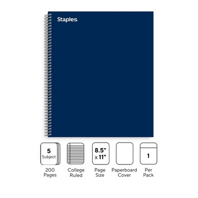 Staples Premium 5-Subject Notebook, 8.5" x 11", College Ruled, 200 Sheets, Blue (TR58364)