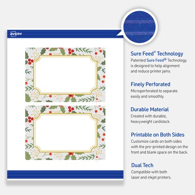 Avery Gold-Blue Border Berries Matte Blank Card, White, 20/Pack (S00-FEC)