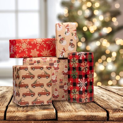 JAM Paper® Kraft Wrapping Paper Rolls - 125 sq ft. - Kraft Christmas Set - 5 Rolls/Pack