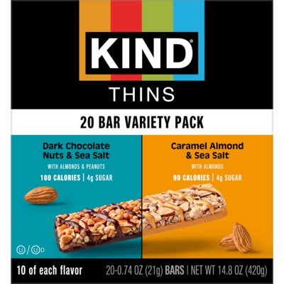 KIND Thins Gluten Free Nut Bar Variety Pack, 14.8 oz., 20 Bars/Box (41888)
