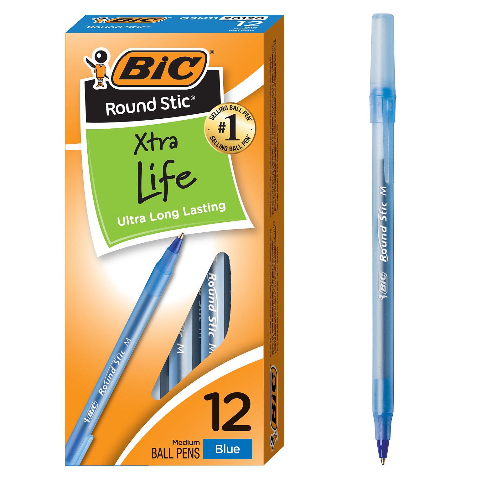 BIC Round Stic Xtra-Life Ballpoint Pen, Medium Point, 1.0mm, Blue Ink, Dozen (20120/GSM11BL)