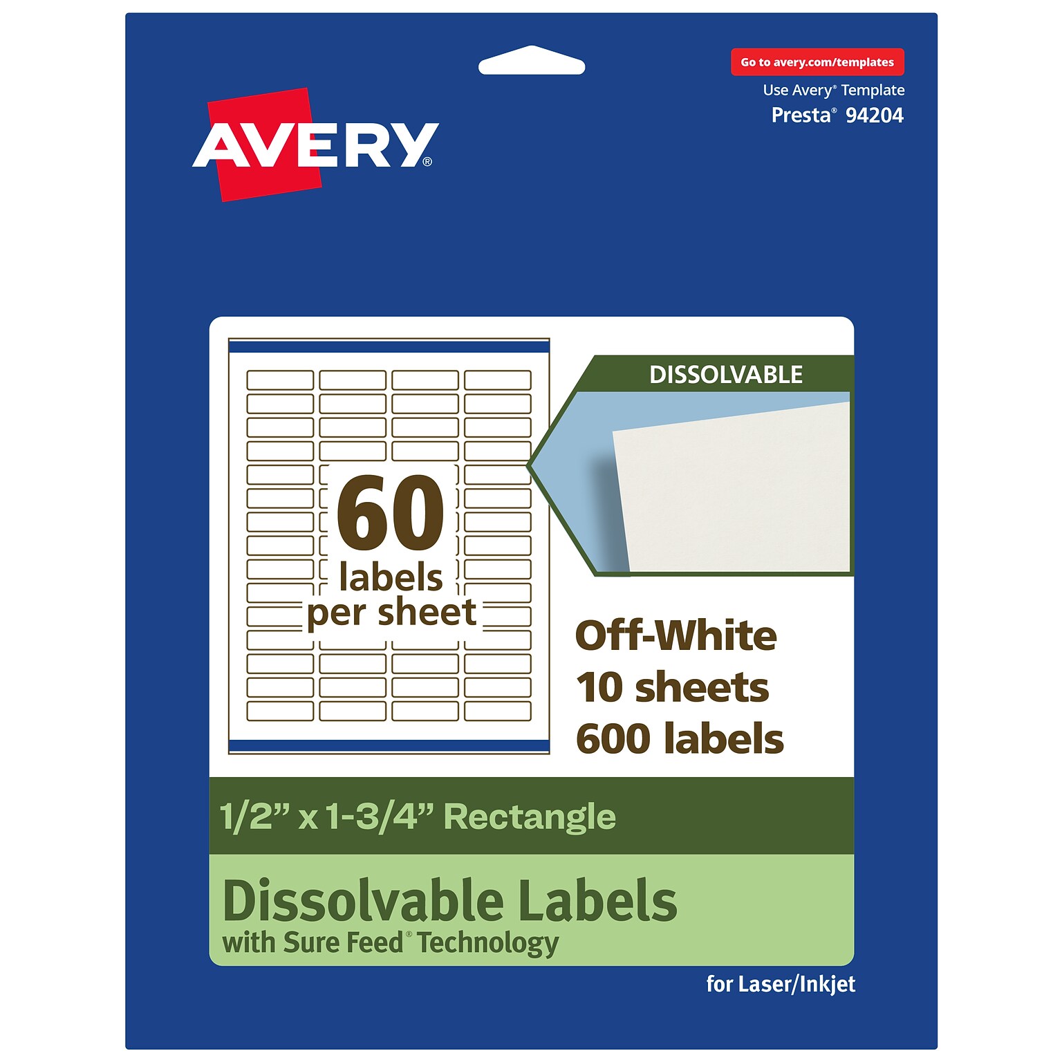 Avery Dissolvable Rectangle Multipurpose Labels, 0.5 x 1.75, Off-white, 600/Pack (94204)