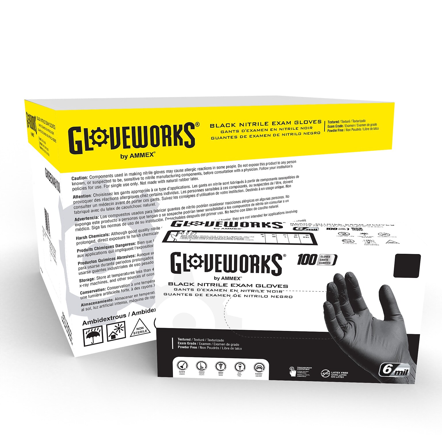 Gloveworks GWBEN Nitrile Exam Gloves, Medium, Black, 100/Box, 10 Boxes/Carton (GWBEN44100XX)