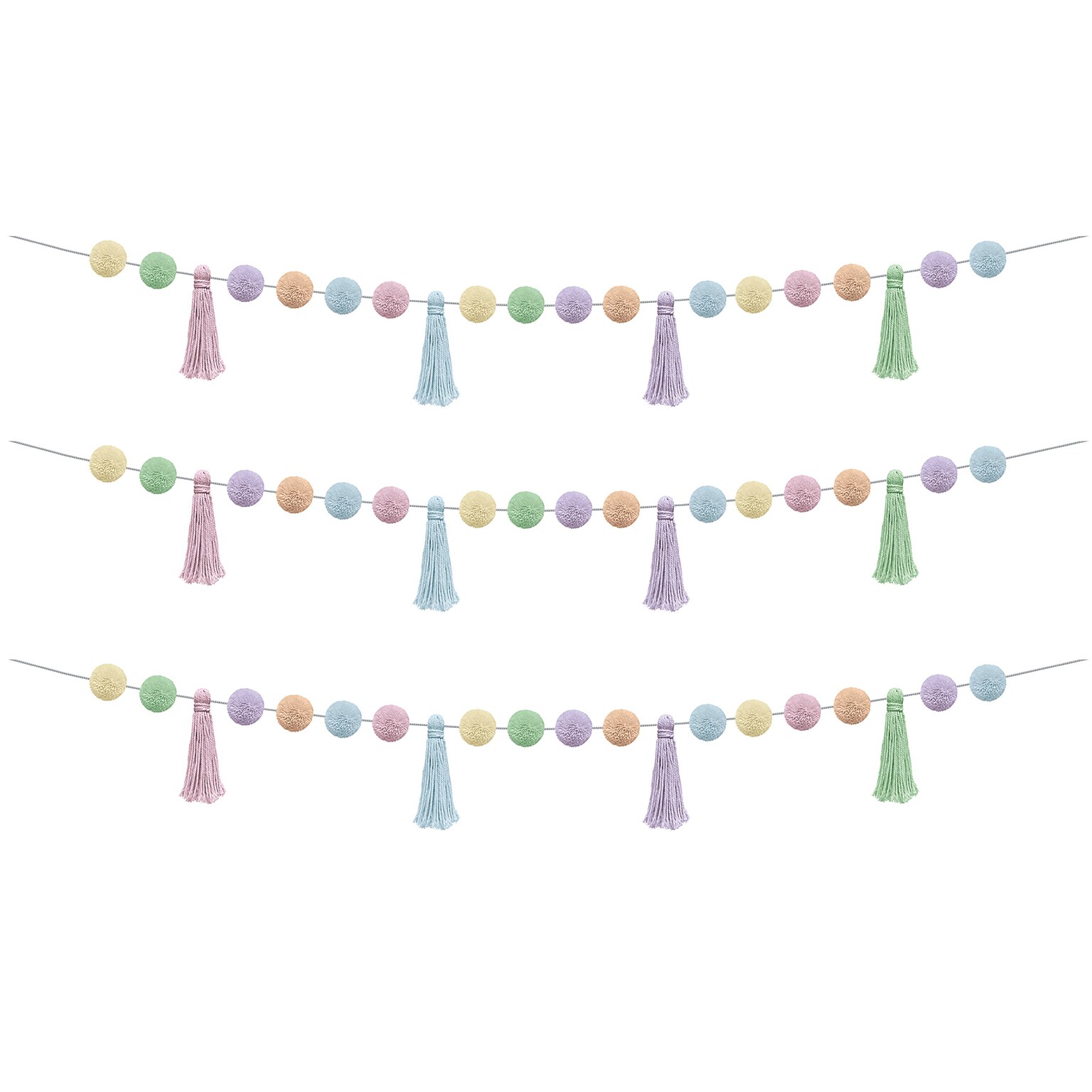 Teacher Created Resources Pom-Poms and Tassels Garland, 5 x 5, Pastel Pop, 3 Packs/Bundle (TCR9207-3)